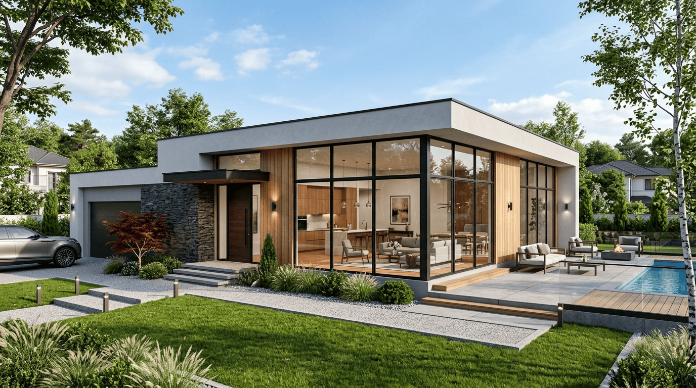 Индивидуальный проект одноэтажного дома с большими панорамными окнами