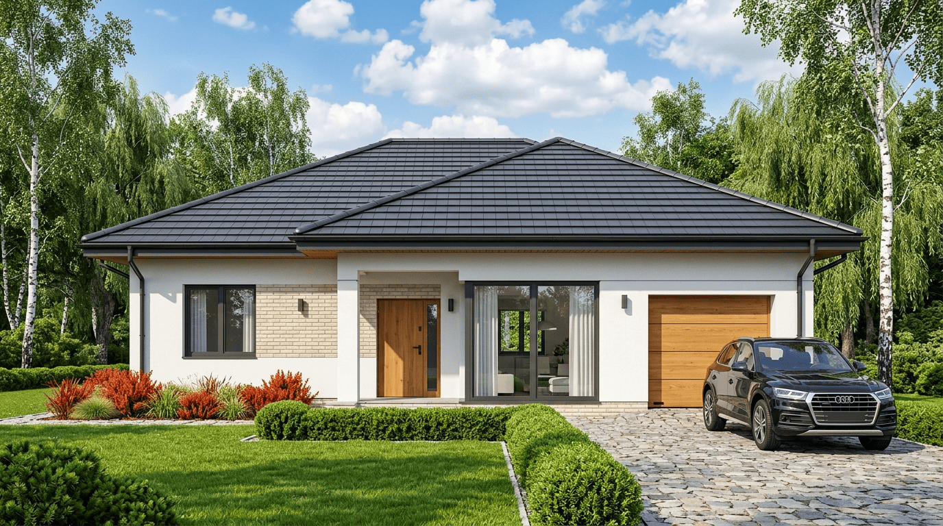 Индивидуальный проект одноэтажного дома с четырёхскатной крышей и гаражом