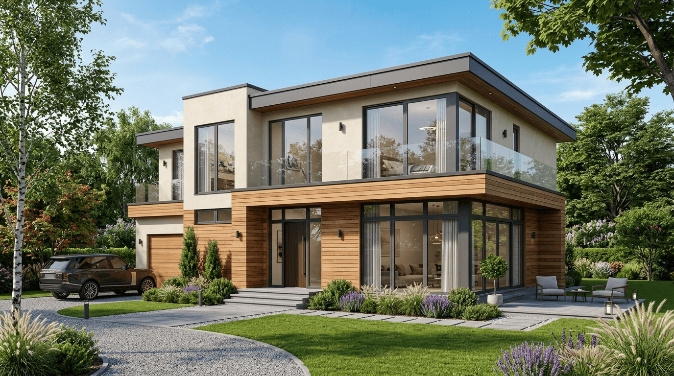 Проект двухэтажного дома с комбинированным фасадом из дерева и штукатурки