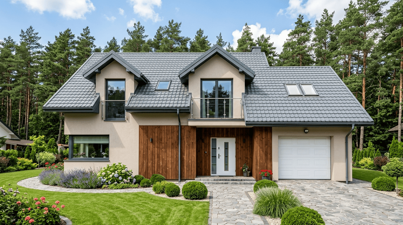 Индивидуальный проект дома с мансардой, черепичной кровлей и встроенным гаражом