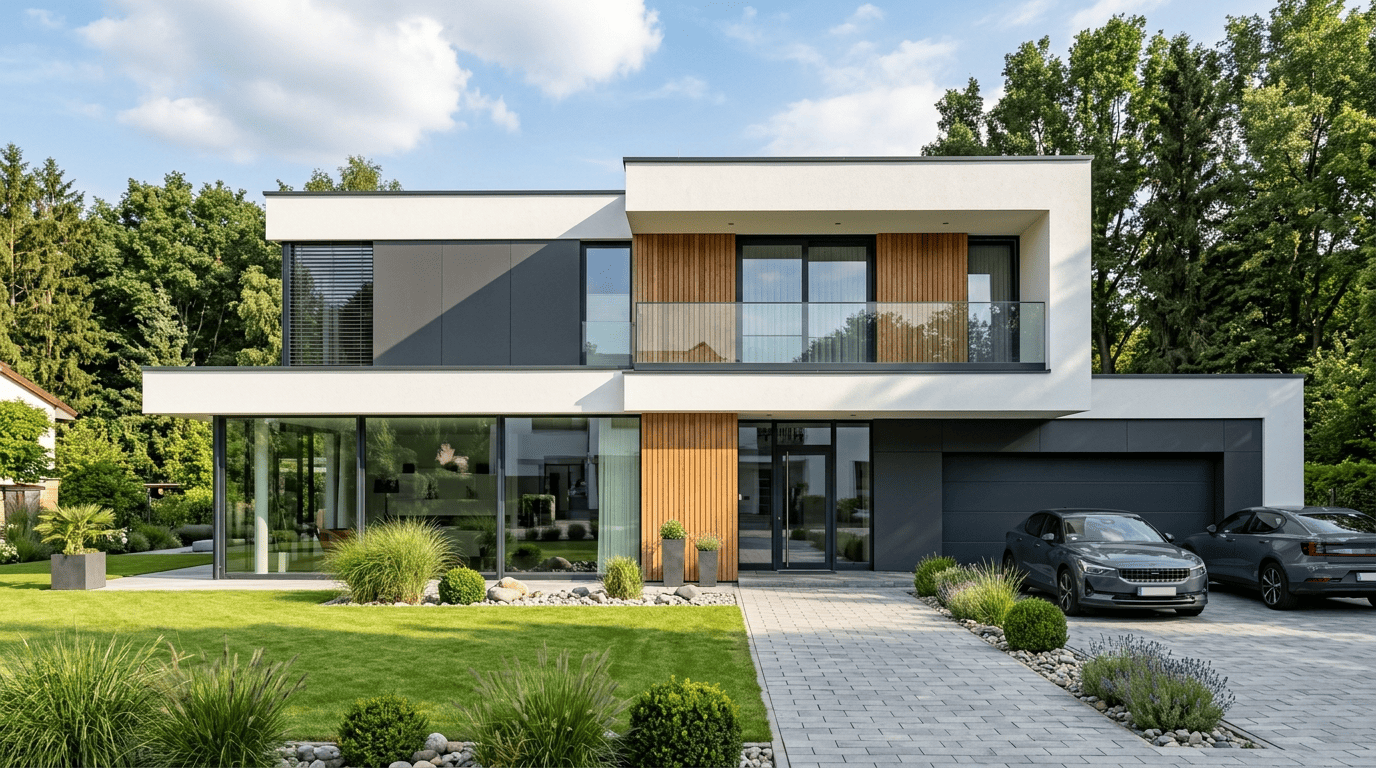 Проект загородного дома из кирпича с террасой и ландшафтным дизайном