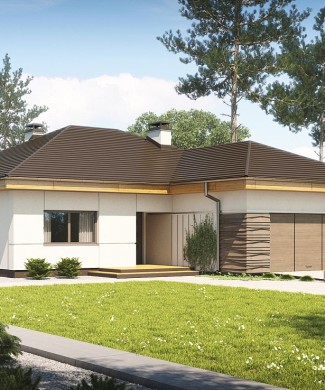 Проект одноэтажного коттеджа с террасой и гаражом на два авто в Минске